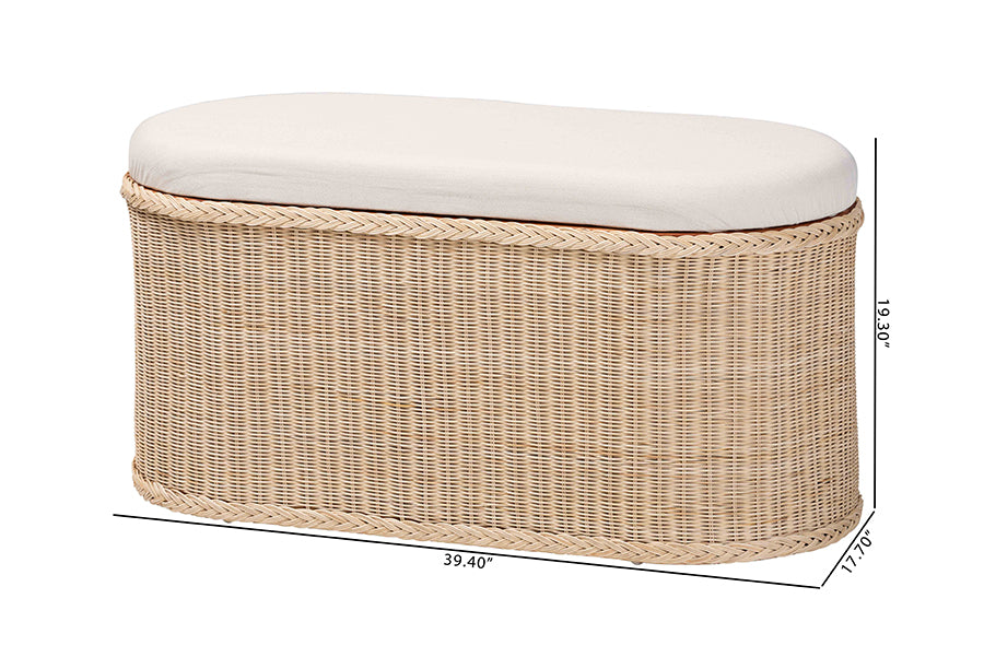 bali & pari Barid Braided Natural Rattan Storage Bench with Cushioned Lift-Top Lid - Coastal Boho Style Chest for Bedroom, Entryway, or Living Room Organization, Natural, 39" Oval FredCo