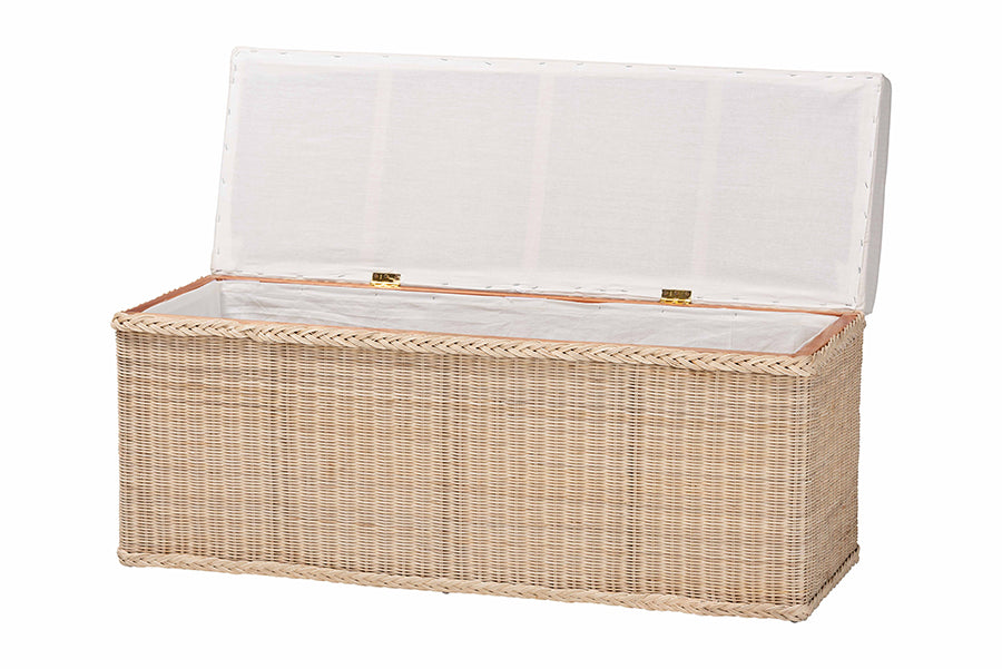 bali & pari Barid Braided Natural Rattan Storage Bench with Cushioned Lift-Top Lid - Coastal Boho Style Chest for Bedroom, Entryway, or Living Room Organization, Natural, 45" Rectangle FredCo