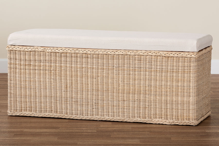bali & pari Barid Braided Natural Rattan Storage Bench with Cushioned Lift-Top Lid - Coastal Boho Style Chest for Bedroom, Entryway, or Living Room Organization, Natural, 45" Rectangle FredCo