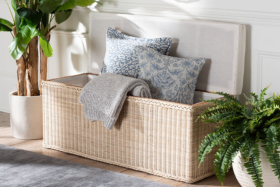 bali & pari Barid Braided Natural Rattan Storage Bench with Cushioned Lift-Top Lid - Coastal Boho Style Chest for Bedroom, Entryway, or Living Room Organization, Natural, 45" Rectangle FredCo