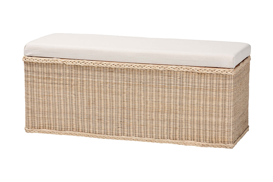 bali & pari Barid Braided Natural Rattan Storage Bench with Cushioned Lift-Top Lid - Coastal Boho Style Chest for Bedroom, Entryway, or Living Room Organization, Natural, 45" Rectangle FredCo
