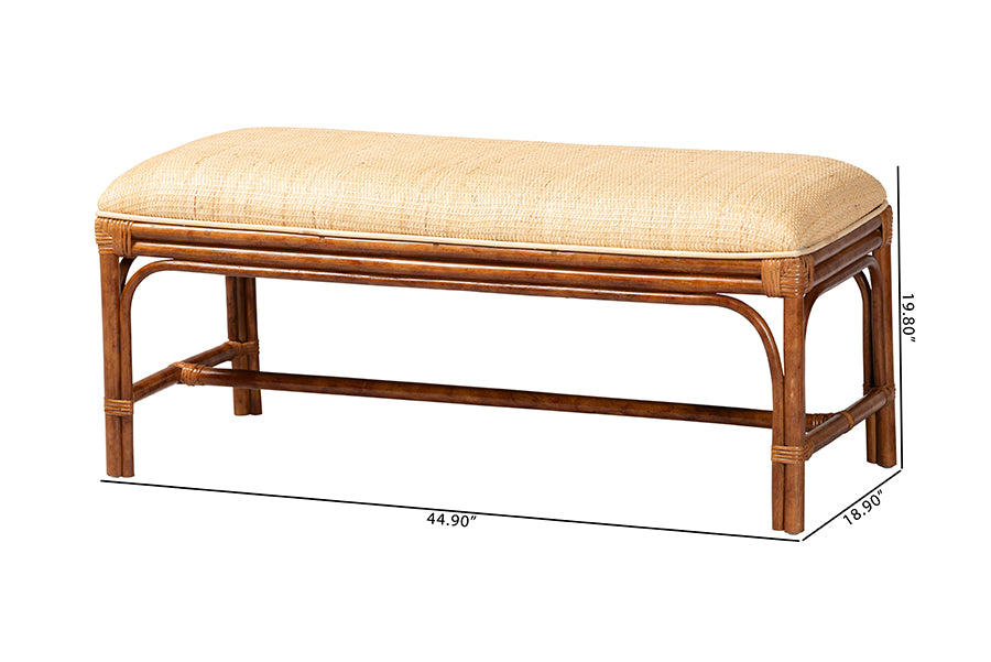 Rattan bench with cushioned seat, home furniture, 44.9 x 18.9 x 19.8 inches, FredCo International