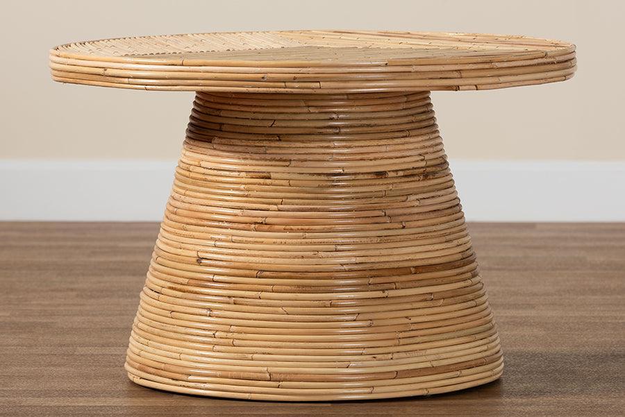 bali & pari Bella Modern Bohemian Natural Rattan and Mahogany Wood Coffee Table FredCo