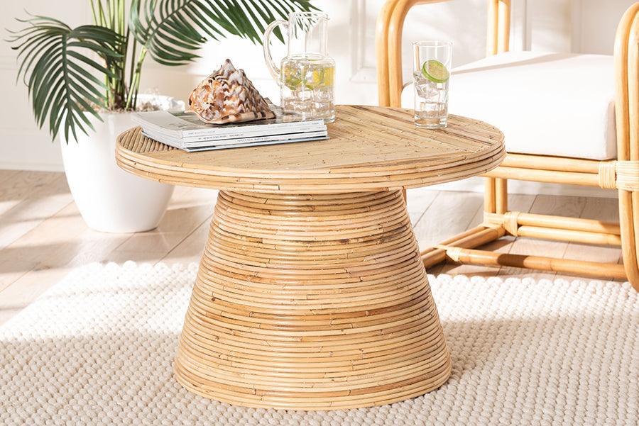 bali & pari Bella Modern Bohemian Natural Rattan and Mahogany Wood Coffee Table FredCo