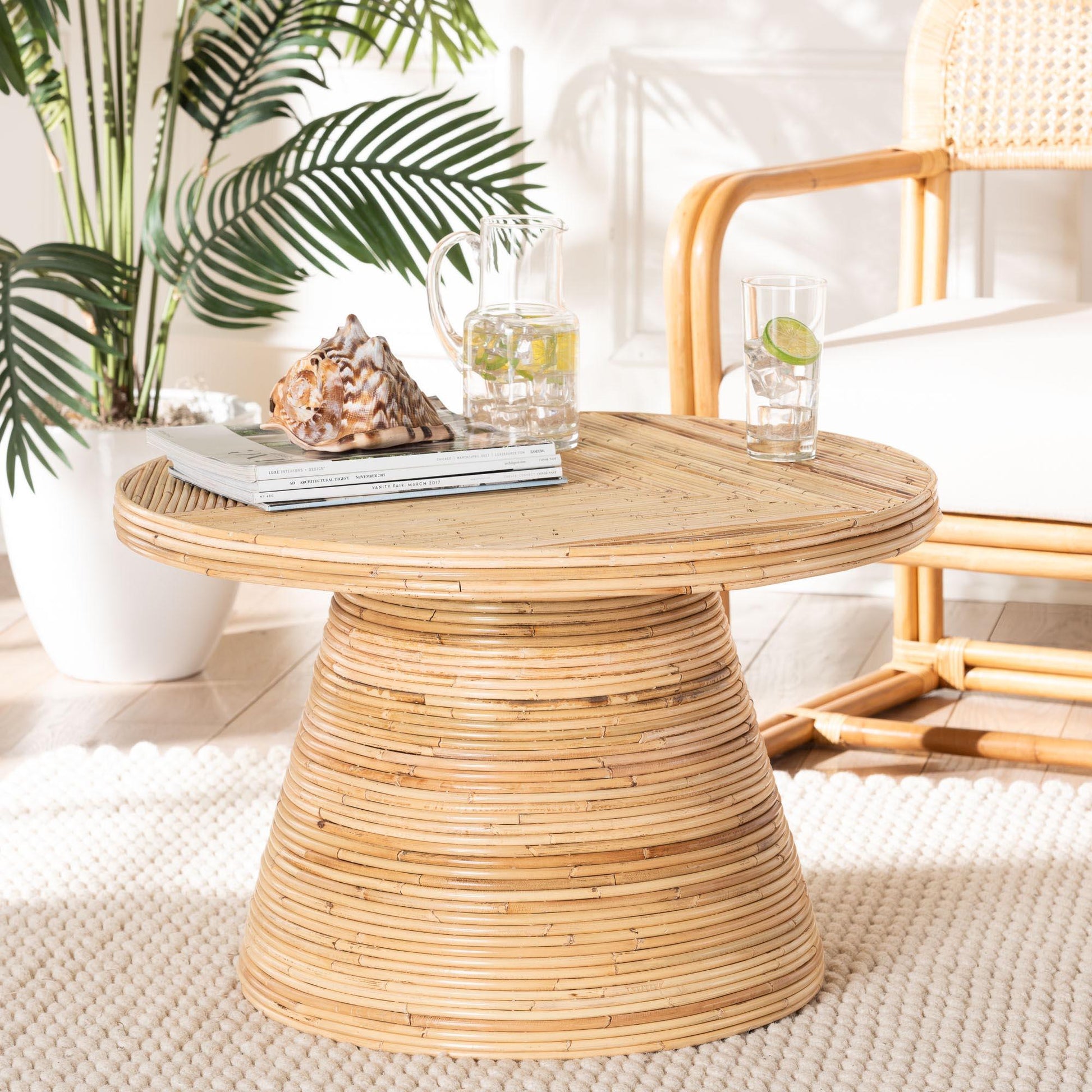 bali & pari Bella Modern Bohemian Natural Rattan and Mahogany Wood Coffee Table FredCo