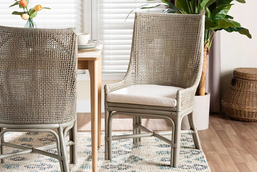 bali & pari Bella Rattan Dining Chair with Cushion - Handwoven Wicker Accent Side Chair with High Backrest, Coastal Boho Seating for Kitchen or Dining Area, French Grey FredCo