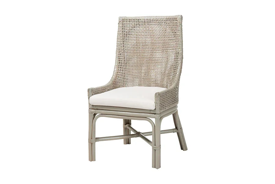 bali & pari Bella Rattan Dining Chair with Cushion - Handwoven Wicker Accent Side Chair with High Backrest, Coastal Boho Seating for Kitchen or Dining Area, French Grey FredCo