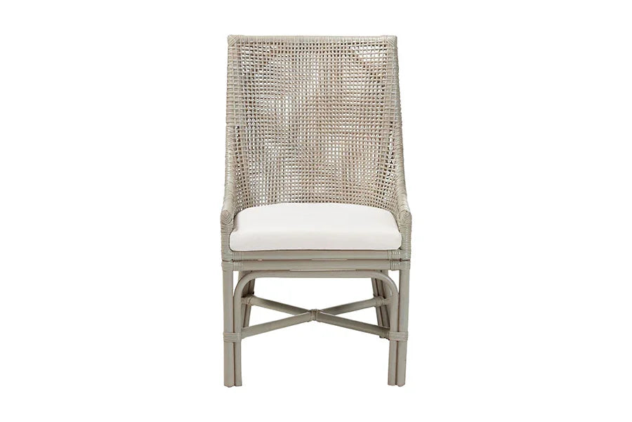 bali & pari Bella Rattan Dining Chair with Cushion - Handwoven Wicker Accent Side Chair with High Backrest, Coastal Boho Seating for Kitchen or Dining Area, French Grey FredCo