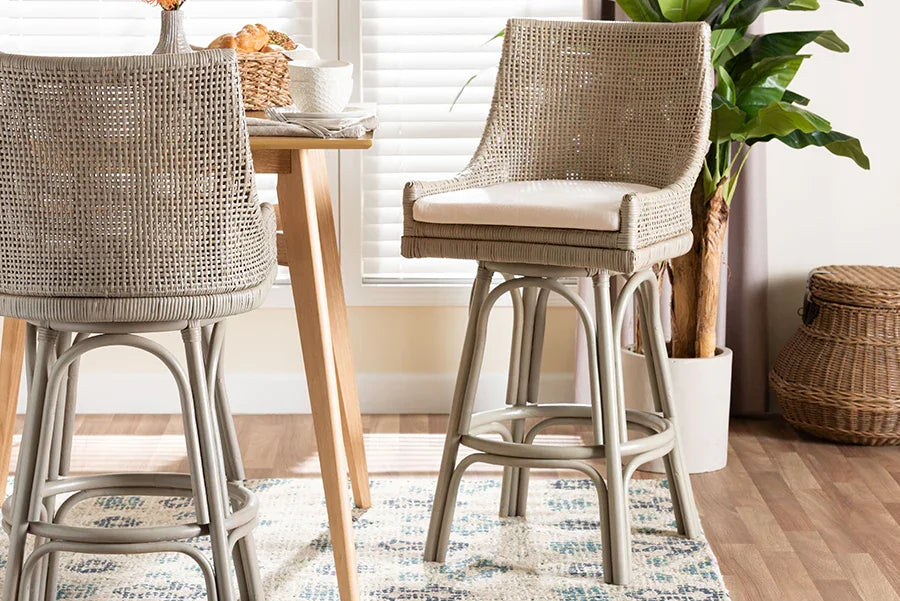 bali & pari Bella Swivel Rattan Bar Stool with Cushion - Handwoven Wicker Bar Chair with Backrest and Footrest, French Grey FredCo