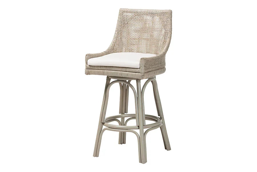 bali & pari Bella Swivel Rattan Bar Stool with Cushion - Handwoven Wicker Bar Chair with Backrest and Footrest, French Grey FredCo