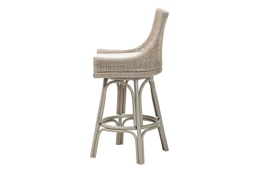 bali & pari Bella Swivel Rattan Bar Stool with Cushion - Handwoven Wicker Bar Chair with Backrest and Footrest, French Grey FredCo