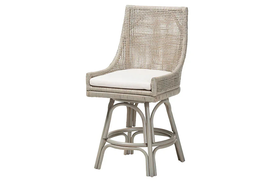 bali & pari Bella Swivel Rattan Counter Stool with Cushion - Handwoven Wicker Kitchen Island Seating with Backrest and Footrest, French Grey FredCo
