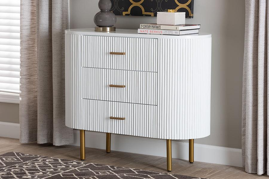 bali & pari Beyla Mid-Century White Fluted Wood and Gold Metal 3-Drawer Dresser FredCo