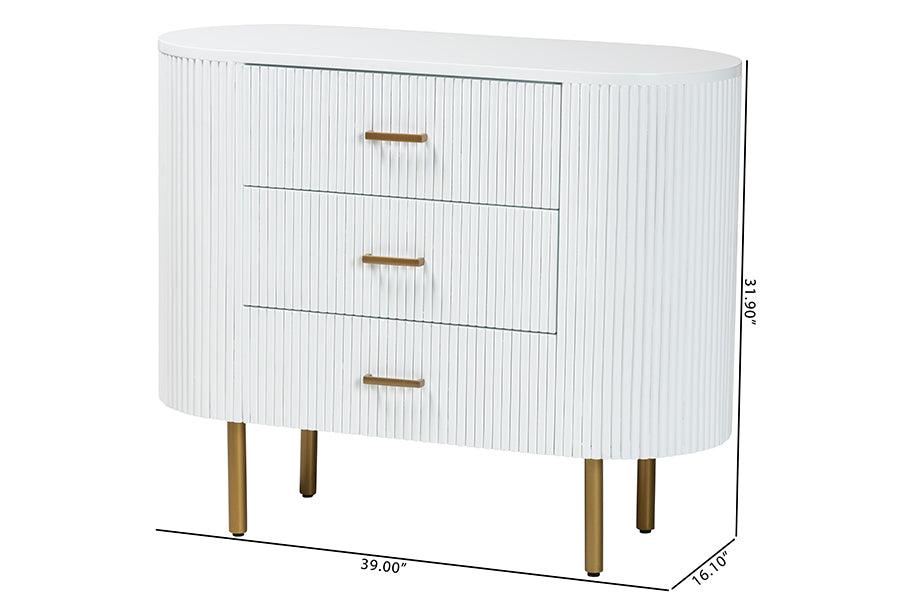 bali & pari Beyla Mid-Century White Fluted Wood and Gold Metal 3-Drawer Dresser FredCo