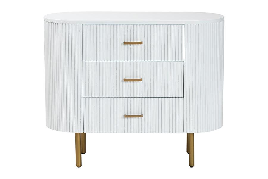 bali & pari Beyla Mid-Century White Fluted Wood and Gold Metal 3-Drawer Dresser FredCo