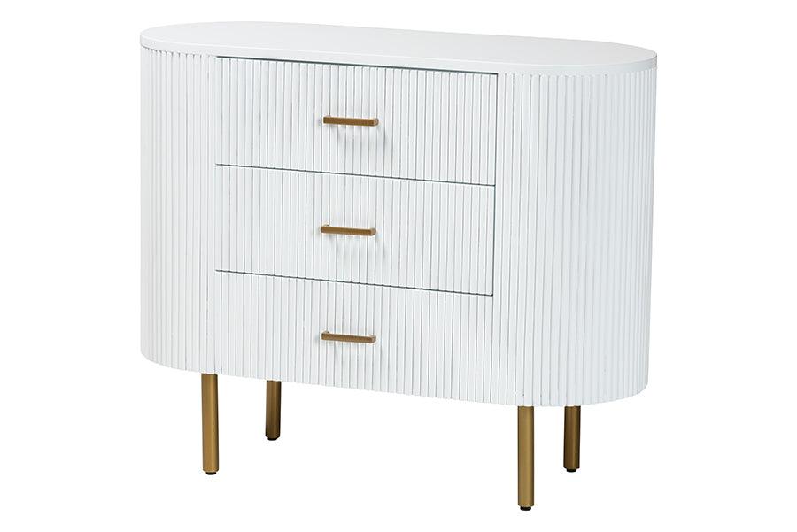 bali & pari Beyla Mid-Century White Fluted Wood and Gold Metal 3-Drawer Dresser FredCo