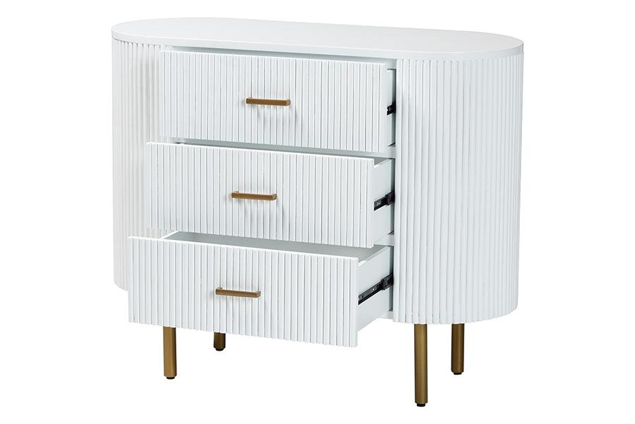 bali & pari Beyla Mid-Century White Fluted Wood and Gold Metal 3-Drawer Dresser FredCo
