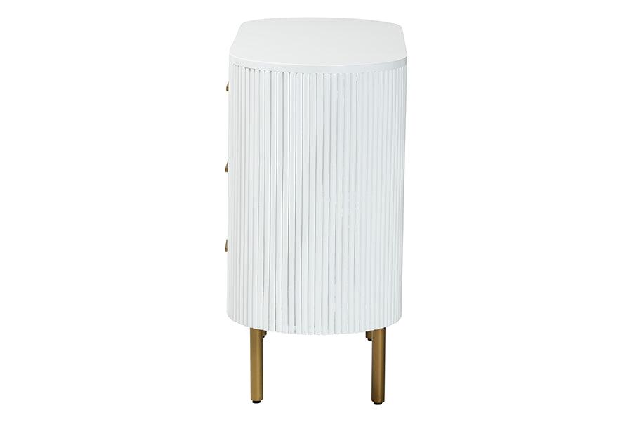 bali & pari Beyla Mid-Century White Fluted Wood and Gold Metal 3-Drawer Dresser FredCo