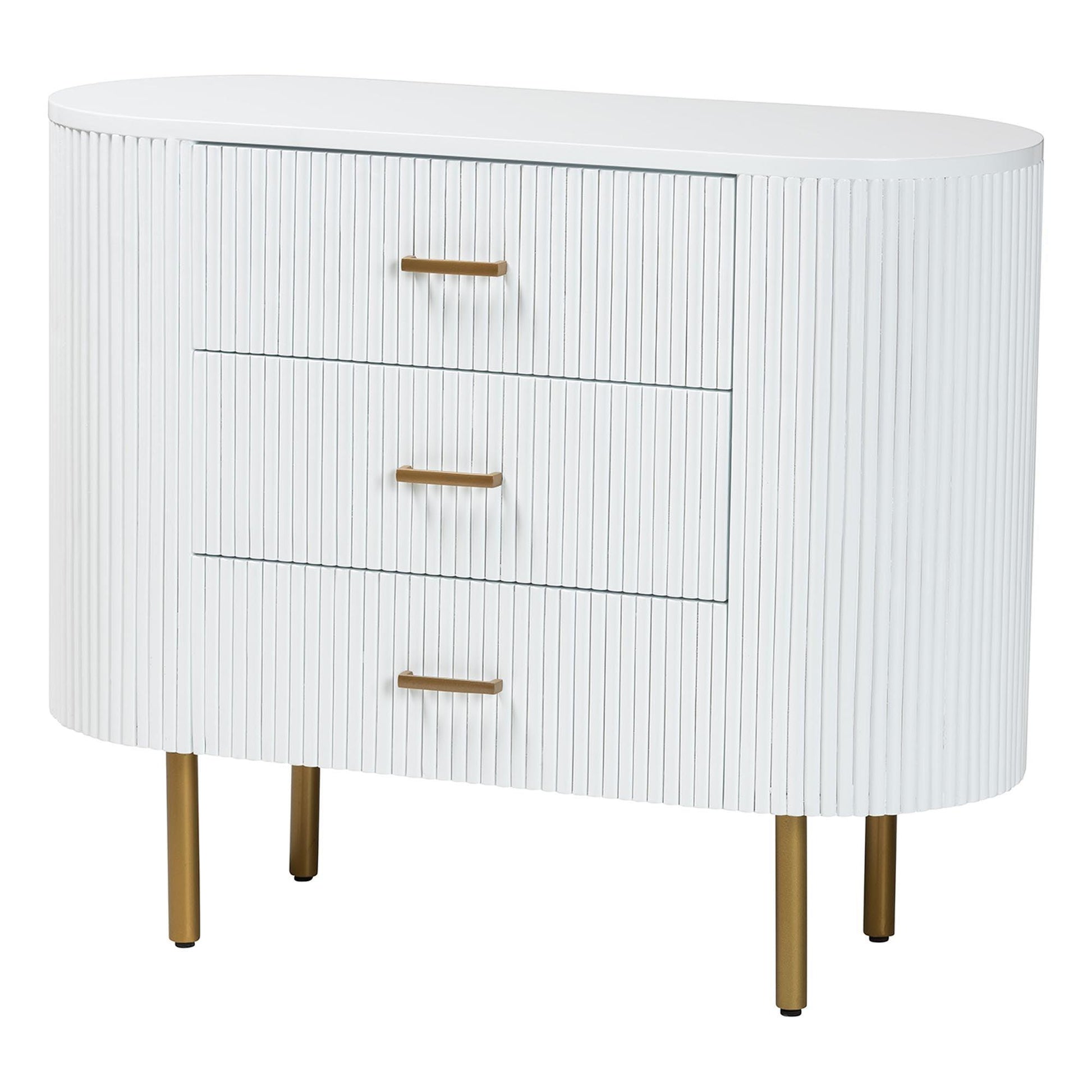 bali & pari Beyla Mid-Century White Fluted Wood and Gold Metal 3-Drawer Dresser FredCo