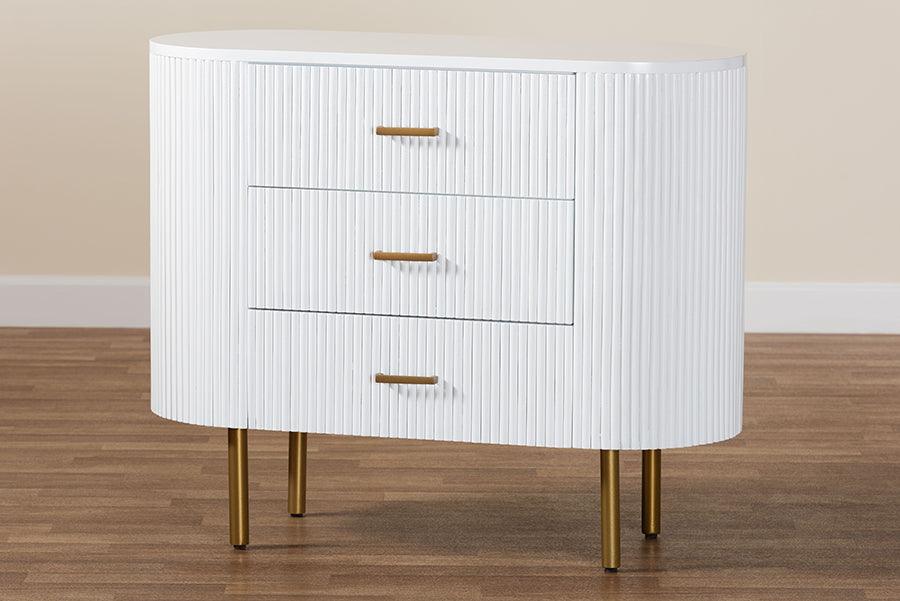 bali & pari Beyla Mid-Century White Fluted Wood and Gold Metal 3-Drawer Dresser FredCo