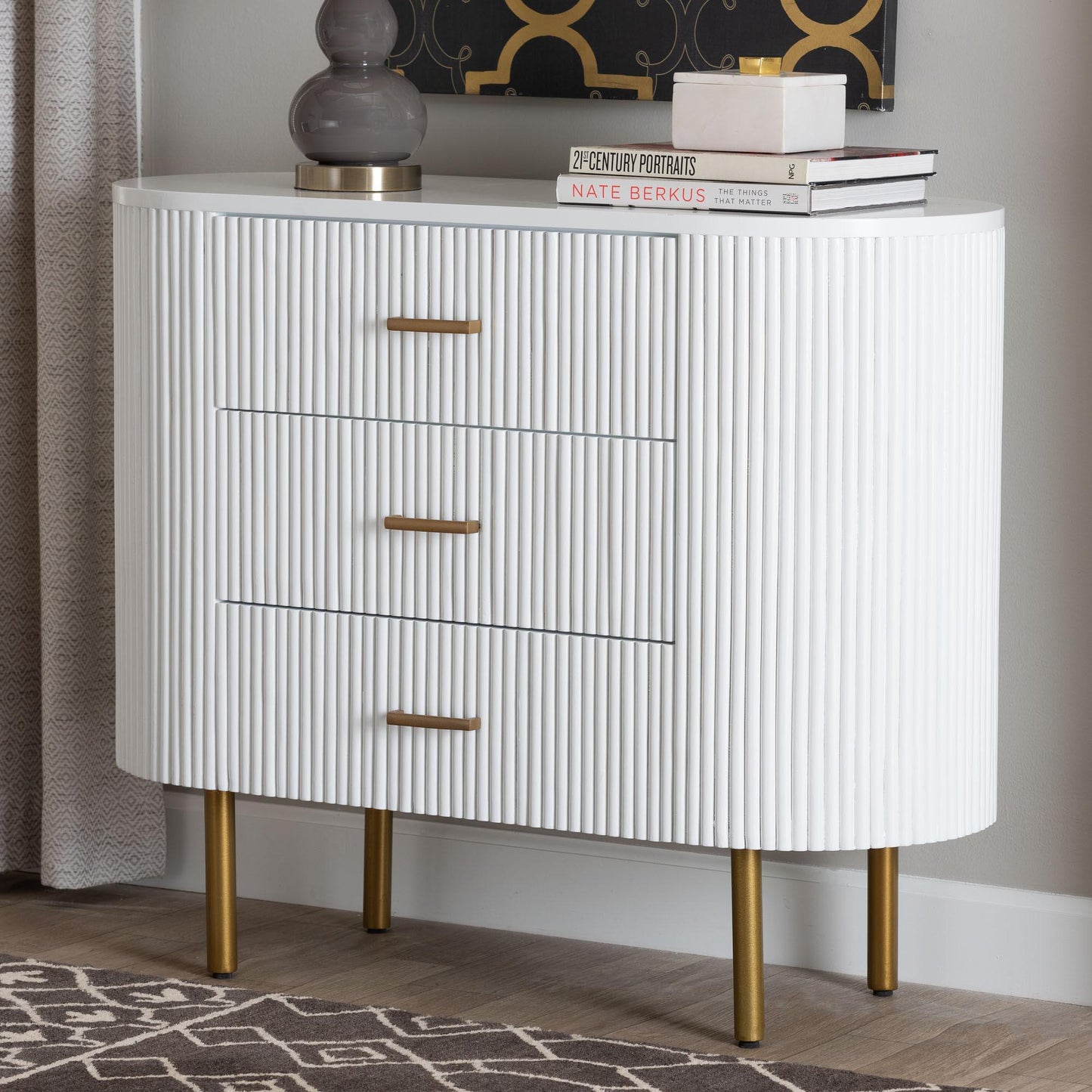 bali & pari Beyla Mid-Century White Fluted Wood and Gold Metal 3-Drawer Dresser FredCo