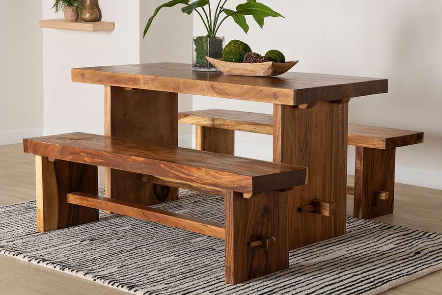 bali & pari Biyu Suar Wood 3-Piece Dining Set - Handcrafted Rectangular Solid Wood Table and Two Benches, Rustic Modern Kitchen or Dining Room Seating FredCo