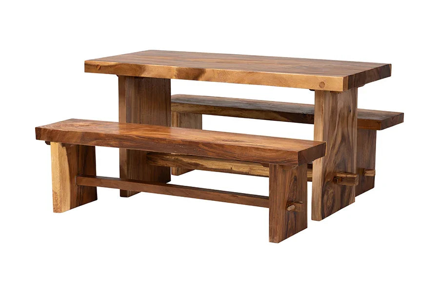 bali & pari Biyu Suar Wood 3-Piece Dining Set - Handcrafted Rectangular Solid Wood Table and Two Benches, Rustic Modern Kitchen or Dining Room Seating FredCo