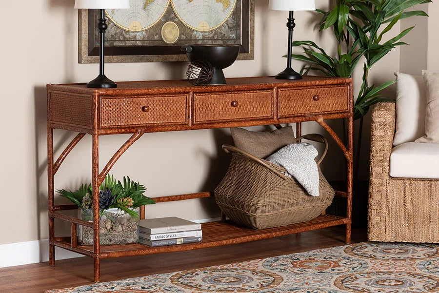 bali & pari Brier Marbled Tortoise Natural Rattan Console Table - Handcrafted Accent Table with 3-Drawers and Lower Shelf, Coastal Boho Style for Entryway, Hallway, or Living Room FredCo