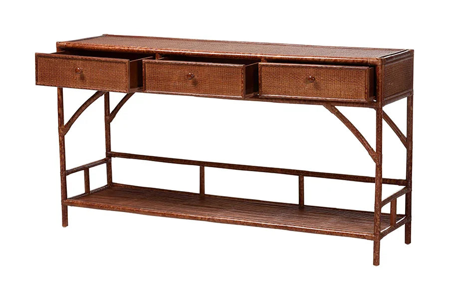 bali & pari Brier Marbled Tortoise Natural Rattan Console Table - Handcrafted Accent Table with 3-Drawers and Lower Shelf, Coastal Boho Style for Entryway, Hallway, or Living Room FredCo