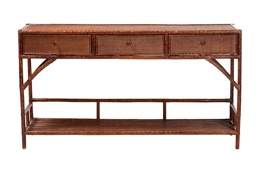 bali & pari Brier Marbled Tortoise Natural Rattan Console Table - Handcrafted Accent Table with 3-Drawers and Lower Shelf, Coastal Boho Style for Entryway, Hallway, or Living Room FredCo