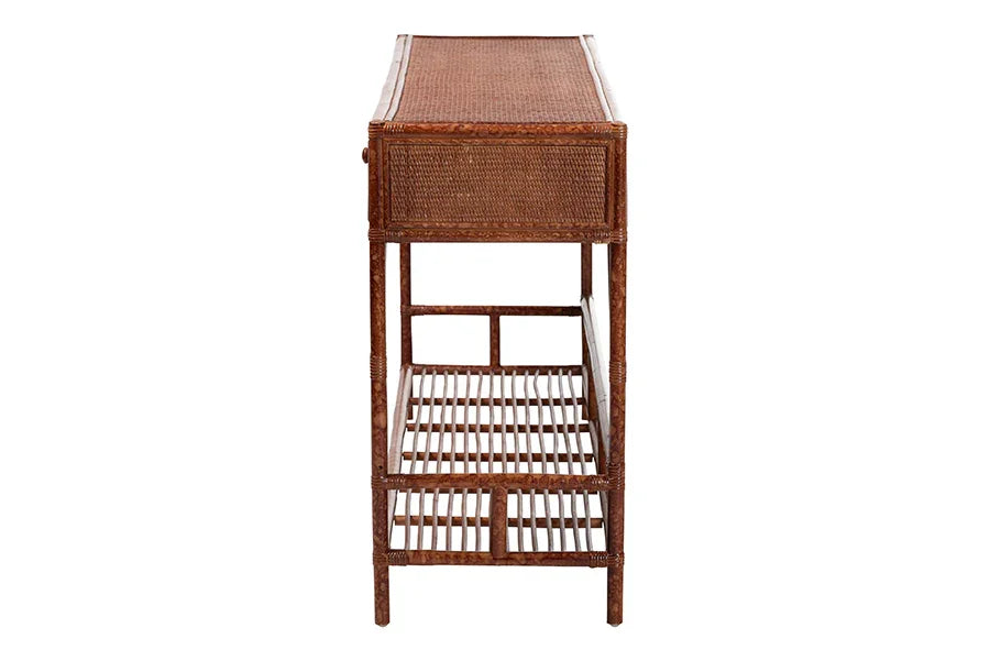 bali & pari Brier Marbled Tortoise Natural Rattan Console Table - Handcrafted Accent Table with 3-Drawers and Lower Shelf, Coastal Boho Style for Entryway, Hallway, or Living Room FredCo
