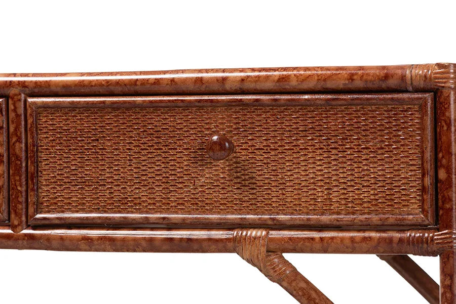bali & pari Brier Marbled Tortoise Natural Rattan Console Table - Handcrafted Accent Table with 3-Drawers and Lower Shelf, Coastal Boho Style for Entryway, Hallway, or Living Room FredCo