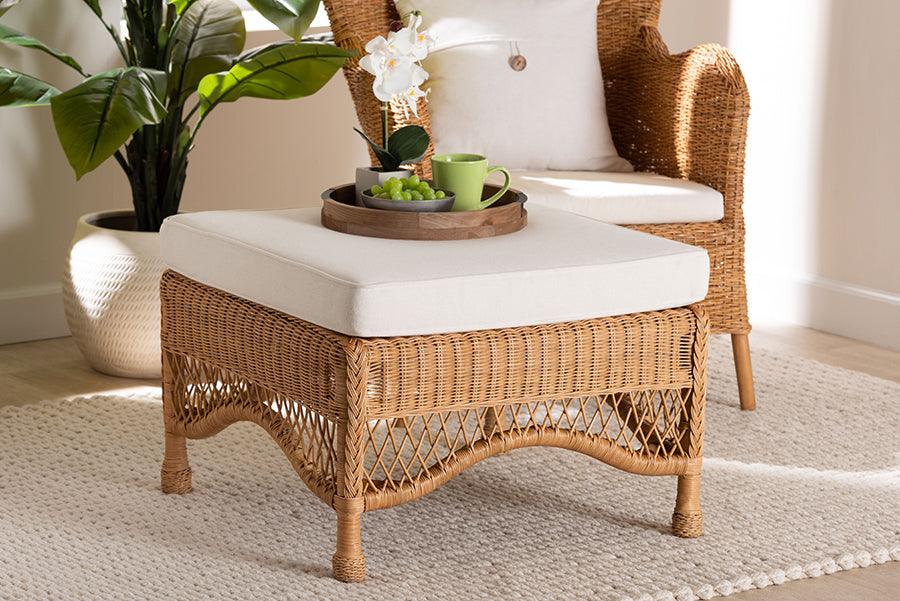 bali & pari Brooklyn Bohemian Light Honey Braided Rattan Ottoman Stool FredCo