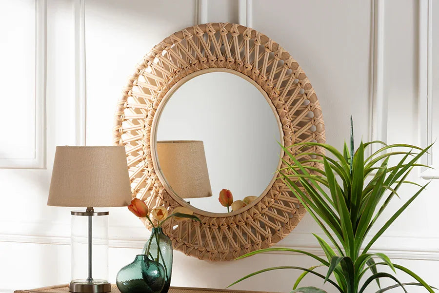 bali & pari Burris Natural Rattan Wall Mirror - Handwoven Wicker Round Frame, Boho Coastal Accent Wall Decor for Entryway, Bedroom, or Living Room FredCo