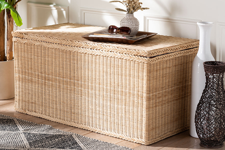 bali & pari Caden Braided Natural Rattan Chest with Lift-top Lid - Coastal Boho Style Storage Bench for Bedroom, Entryway, or Living Room Organization FredCo