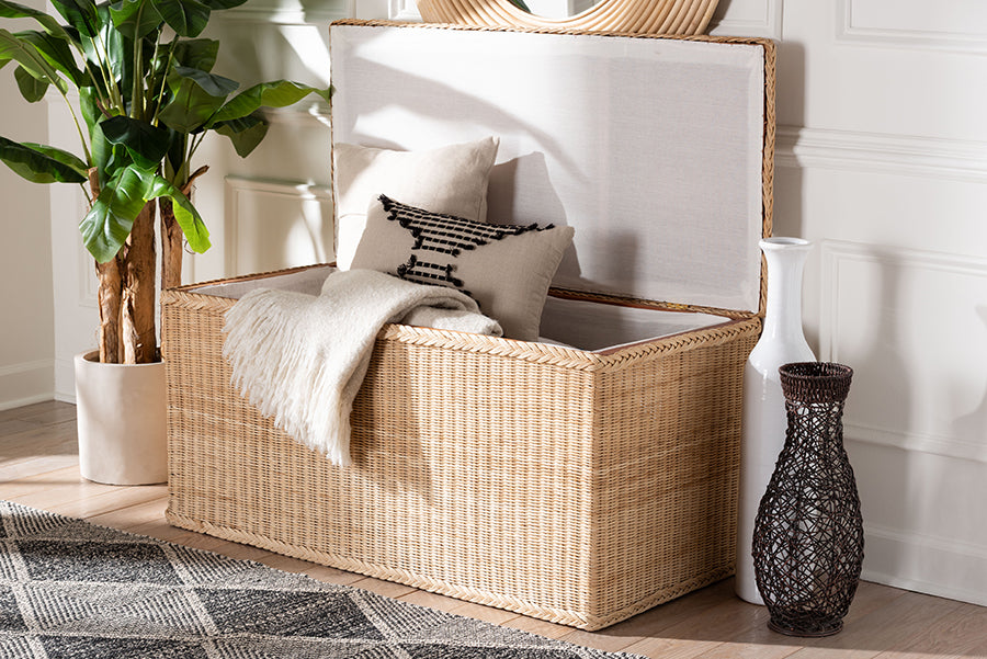 bali & pari Caden Braided Natural Rattan Chest with Lift-top Lid - Coastal Boho Style Storage Bench for Bedroom, Entryway, or Living Room Organization FredCo