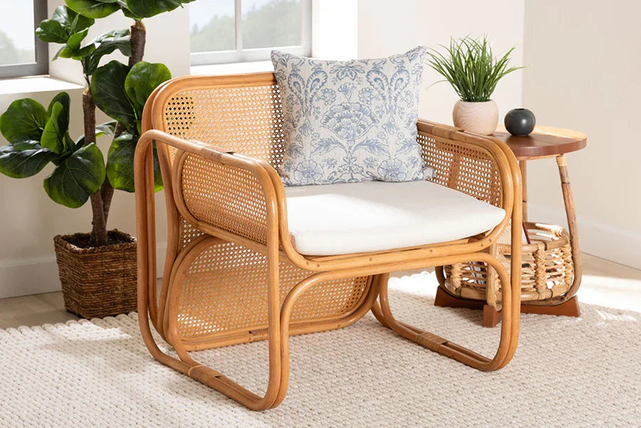 bali & pari Cambridge Natural Rattan Armchair - Handcrafted Lounge Chair with Cushion, Rounded Frame with Cane Woven Panels, Accent Seating for Living Room or Sunroom FredCo