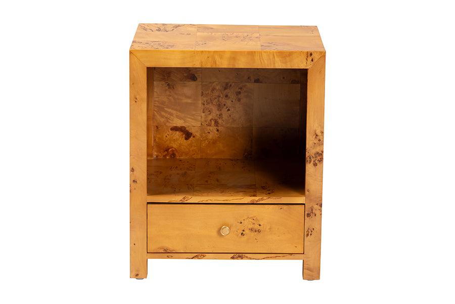 bali & pari Camira Modern and Contemporary Natural Light Mappa Burl Wood 1-Drawer Nightstand FredCo