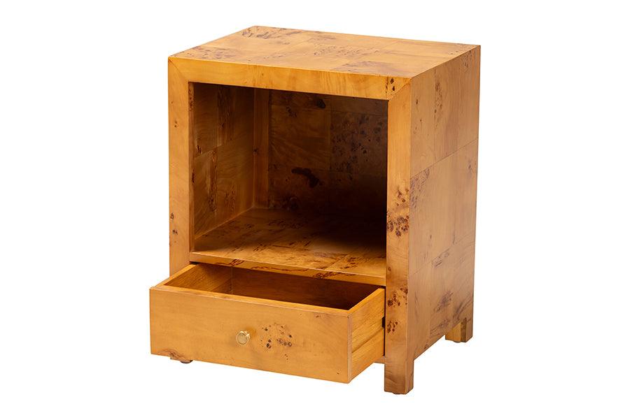 bali & pari Camira Modern and Contemporary Natural Light Mappa Burl Wood 1-Drawer Nightstand FredCo