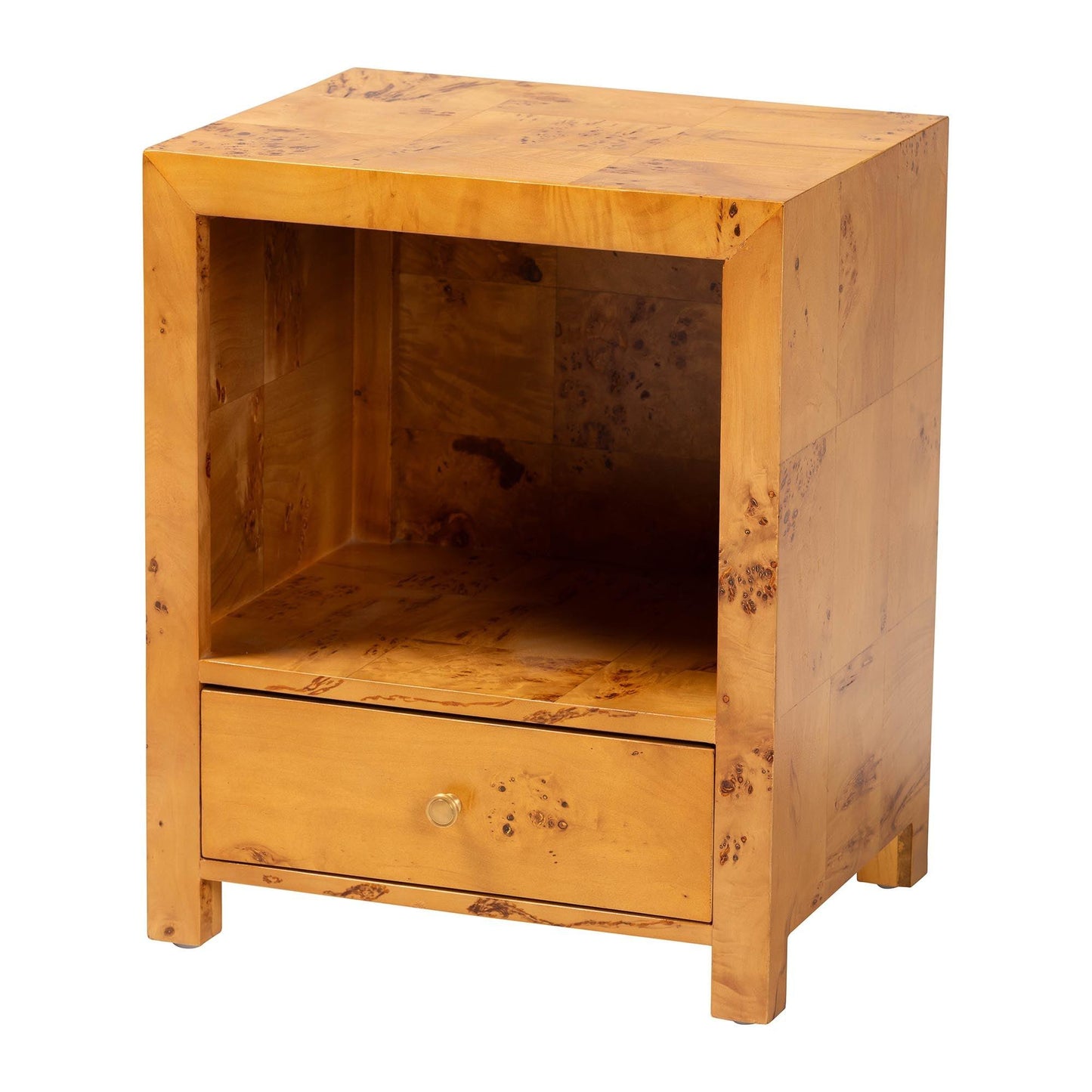 bali & pari Camira Modern and Contemporary Natural Light Mappa Burl Wood 1-Drawer Nightstand FredCo