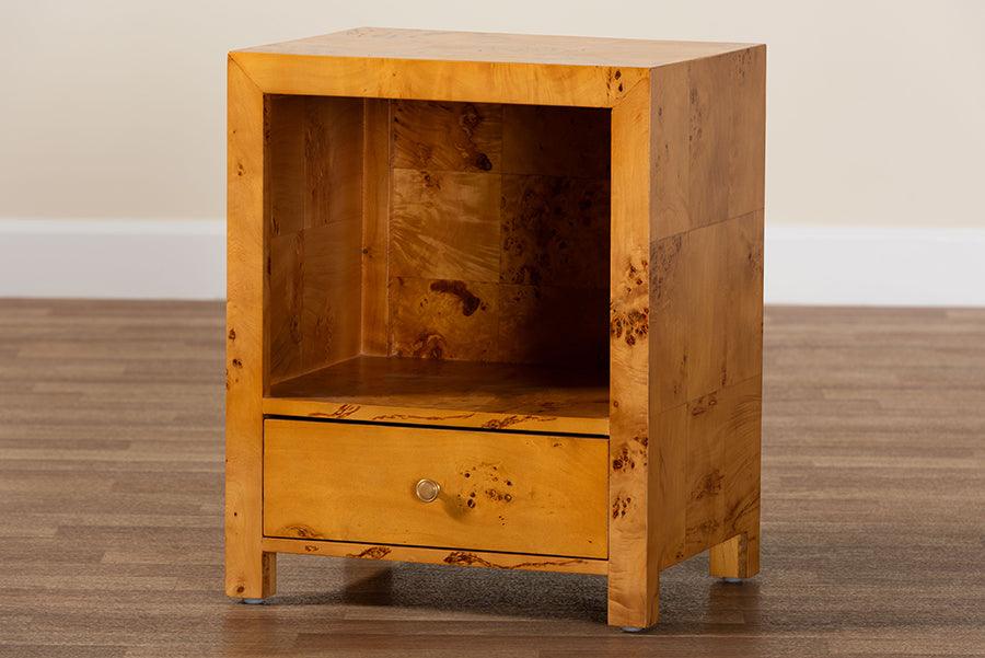 bali & pari Camira Modern and Contemporary Natural Light Mappa Burl Wood 1-Drawer Nightstand FredCo