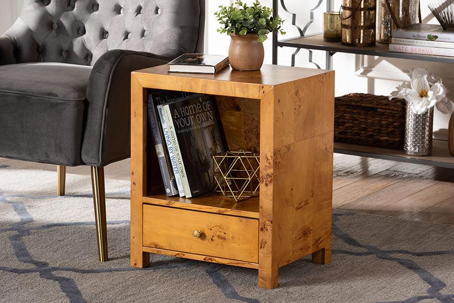 bali & pari Camira Modern and Contemporary Natural Light Mappa Burl Wood 1-Drawer Nightstand FredCo