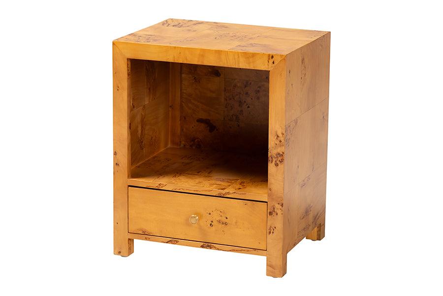 bali & pari Camira Modern and Contemporary Natural Light Mappa Burl Wood 1-Drawer Nightstand FredCo