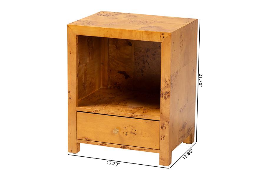 bali & pari Camira Modern and Contemporary Natural Light Mappa Burl Wood 1-Drawer Nightstand FredCo