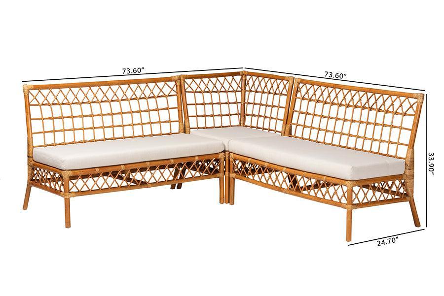 bali & pari Capella Modern Bohemian Honey Rattan 3-Piece Dining Nook Banquette Set FredCo