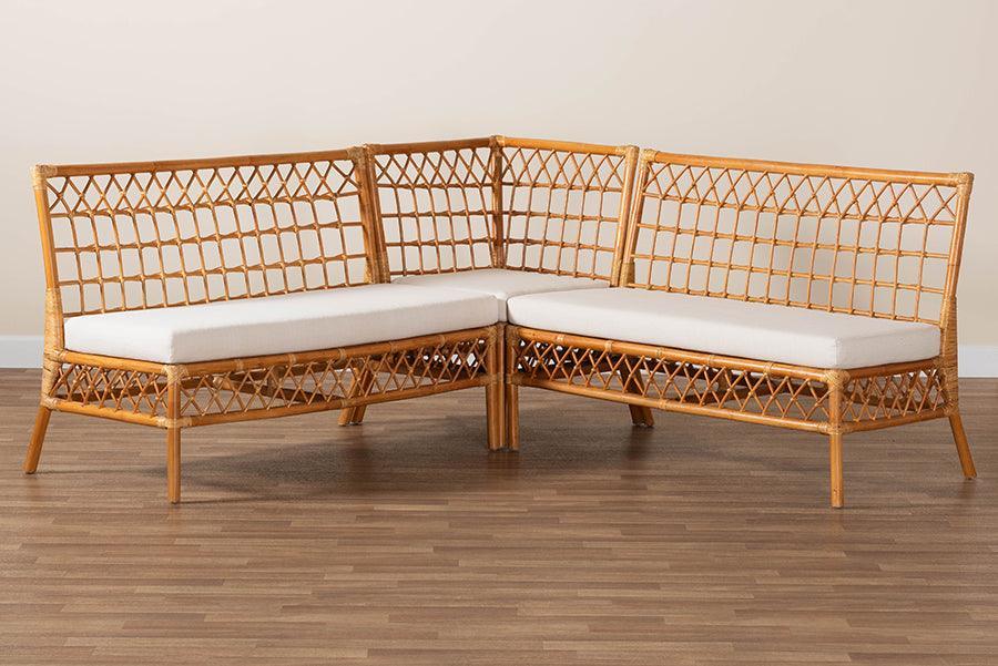 bali & pari Capella Modern Bohemian Honey Rattan 3-Piece Dining Nook Banquette Set FredCo