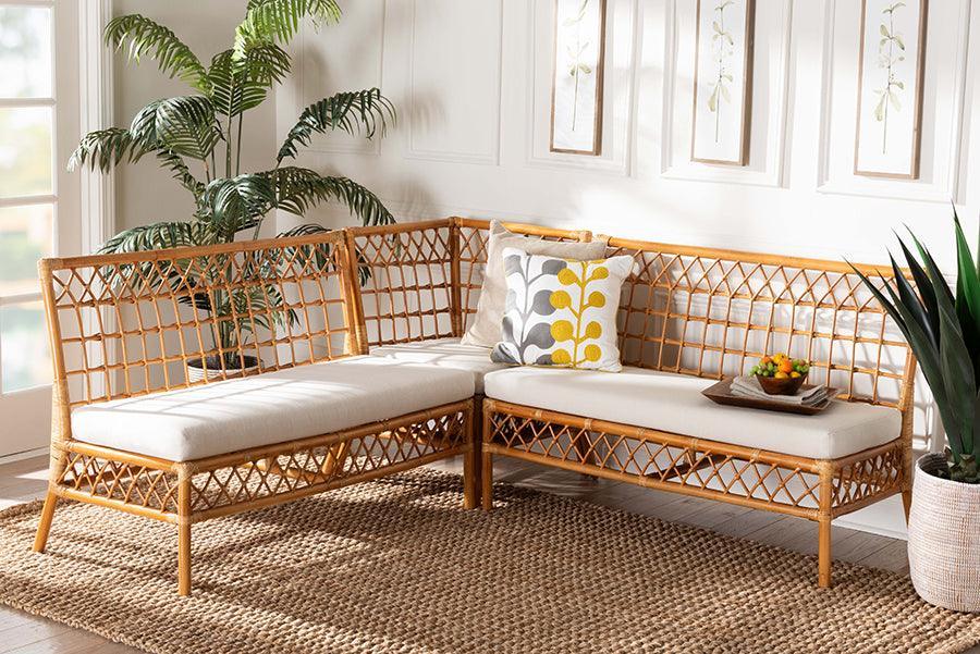 bali & pari Capella Modern Bohemian Honey Rattan 3-Piece Dining Nook Banquette Set FredCo