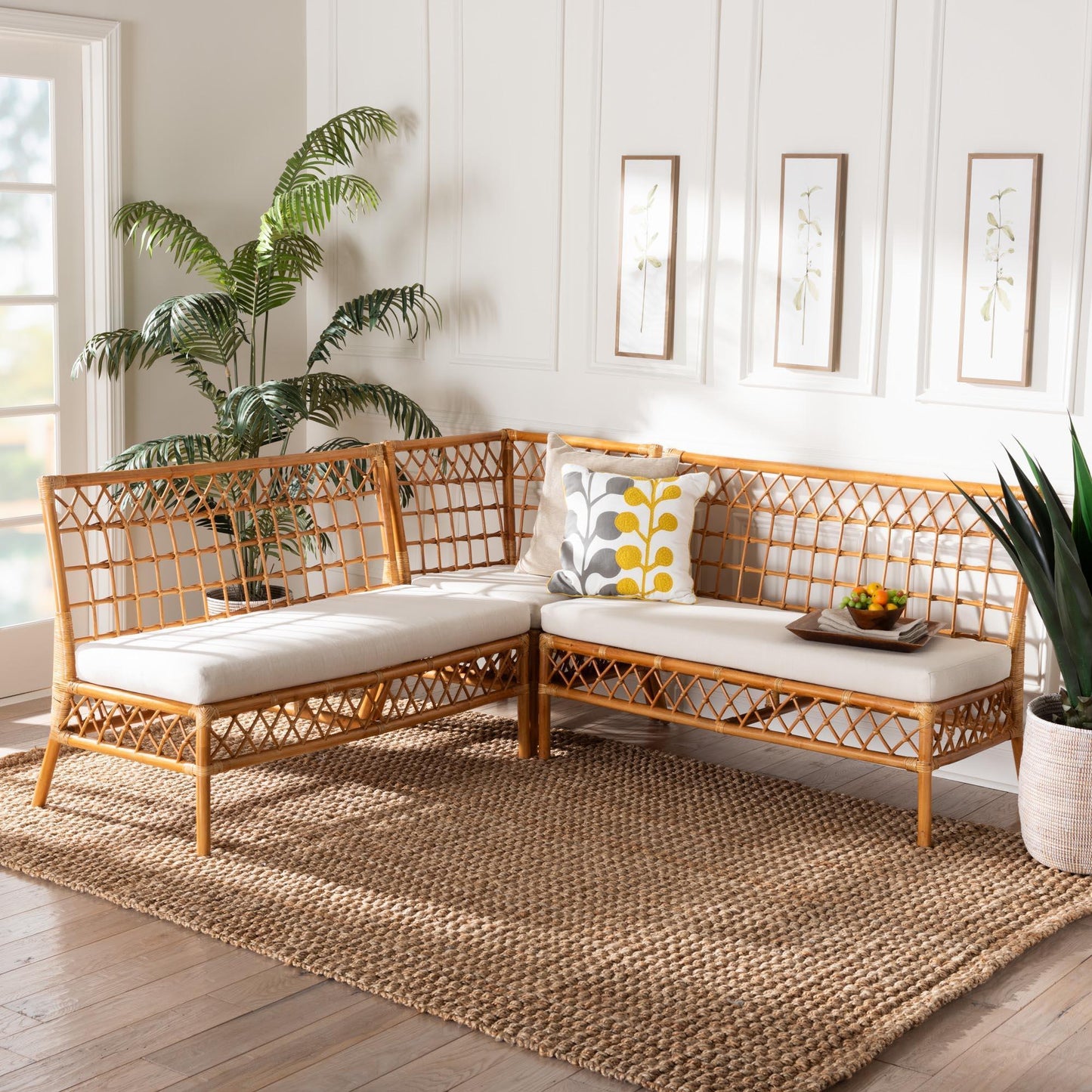 bali & pari Capella Modern Bohemian Honey Rattan 3-Piece Dining Nook Banquette Set FredCo