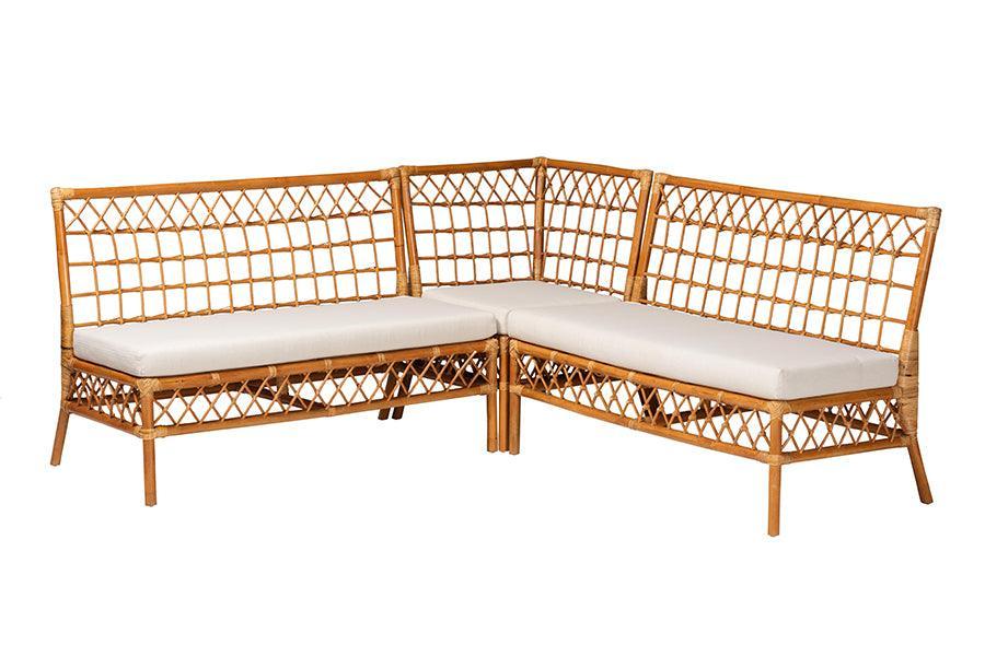 bali & pari Capella Modern Bohemian Honey Rattan 3-Piece Dining Nook Banquette Set FredCo