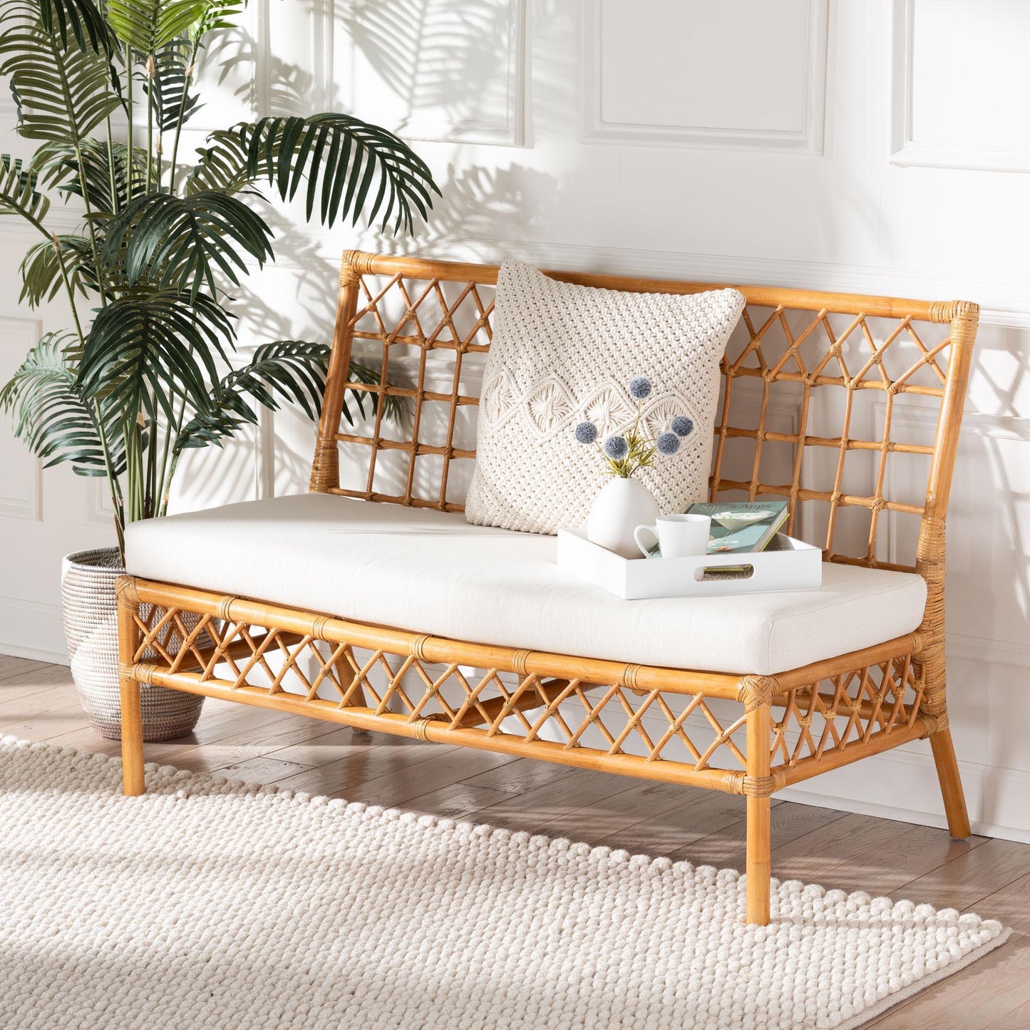 bali & pari Capella Modern Bohemian Honey Rattan Dining Bench FredCo